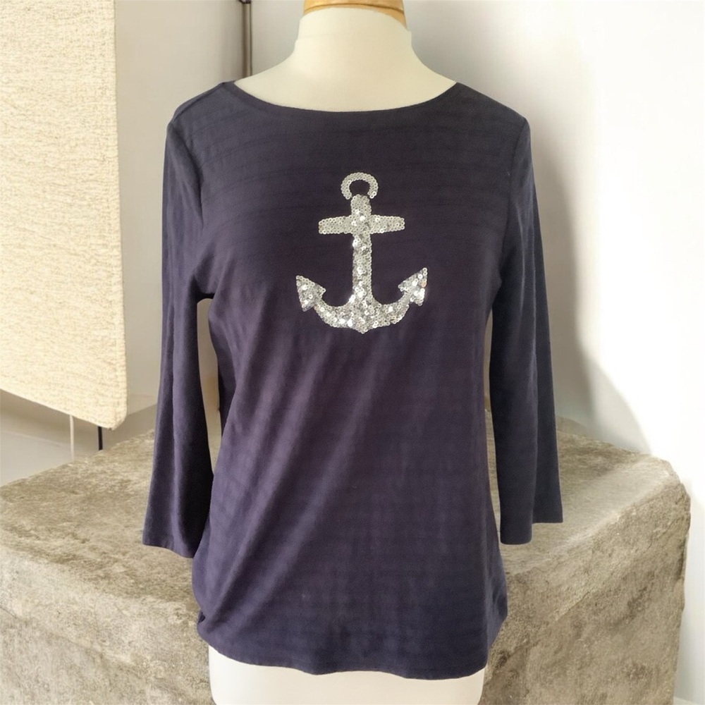 Talbots Navy Blue Anchor Embellished Women's Top